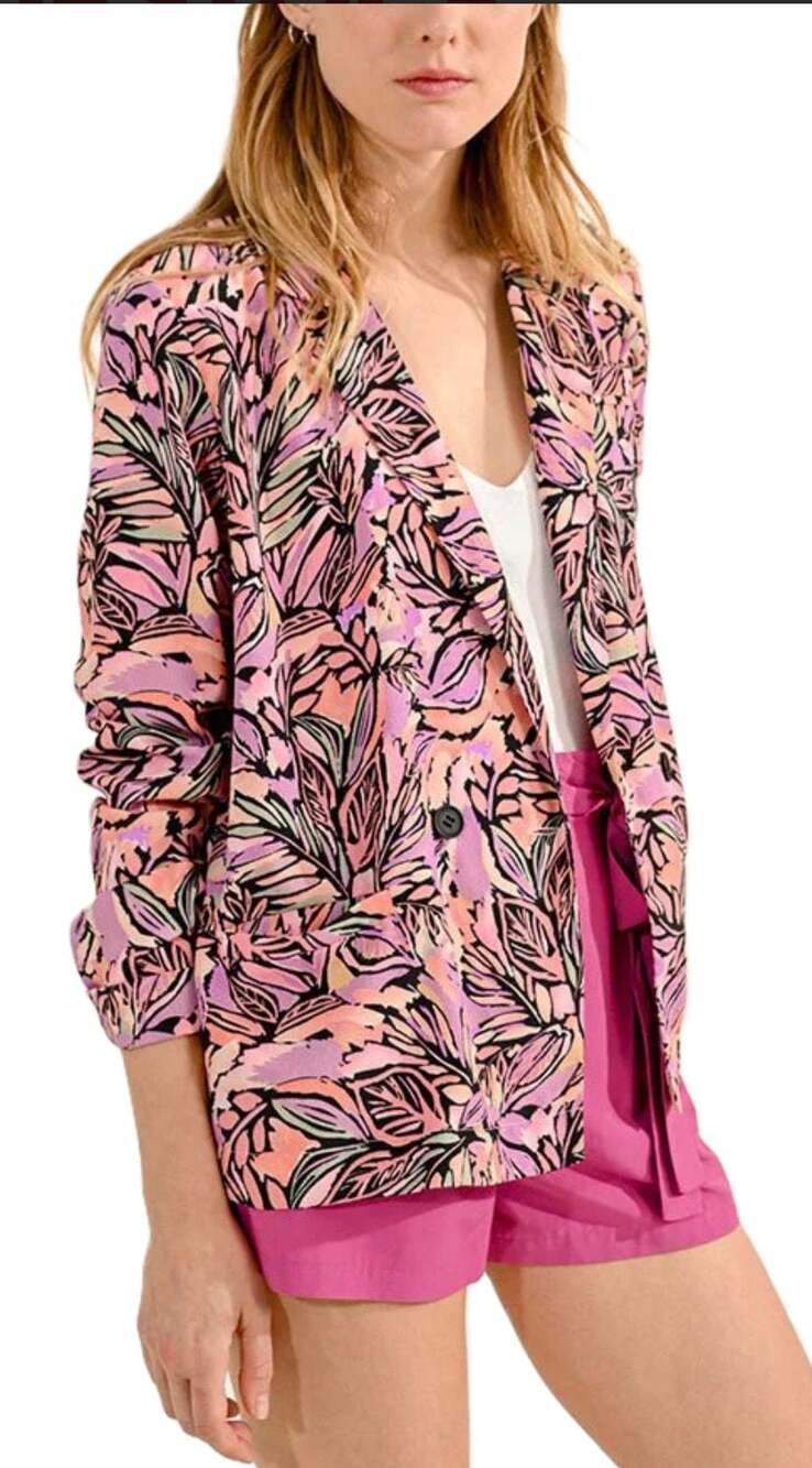 Molly Bracken Pink Jeanne Tropical Print Crossover Blazer